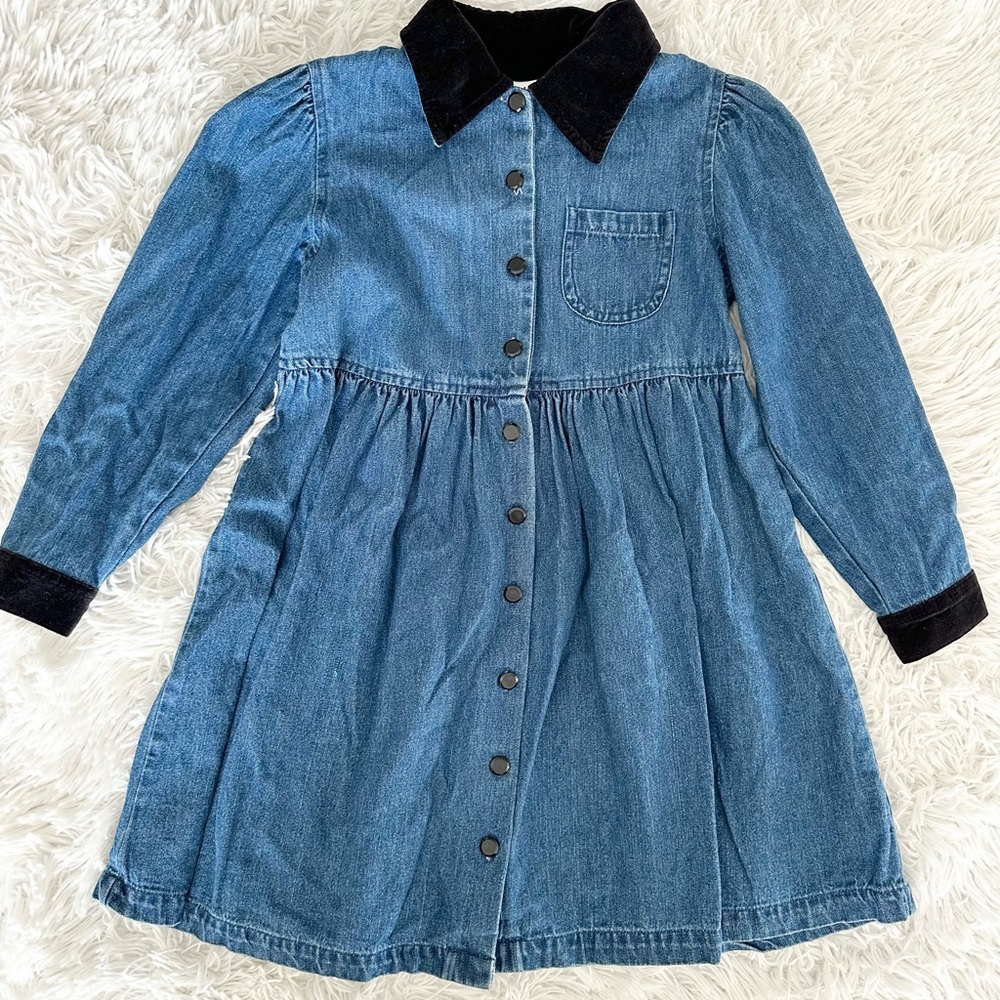 CHRISTINE BROOKS Vintage Preppy Blue Denim Holiday Shirtdress Velvet Size S 7/8